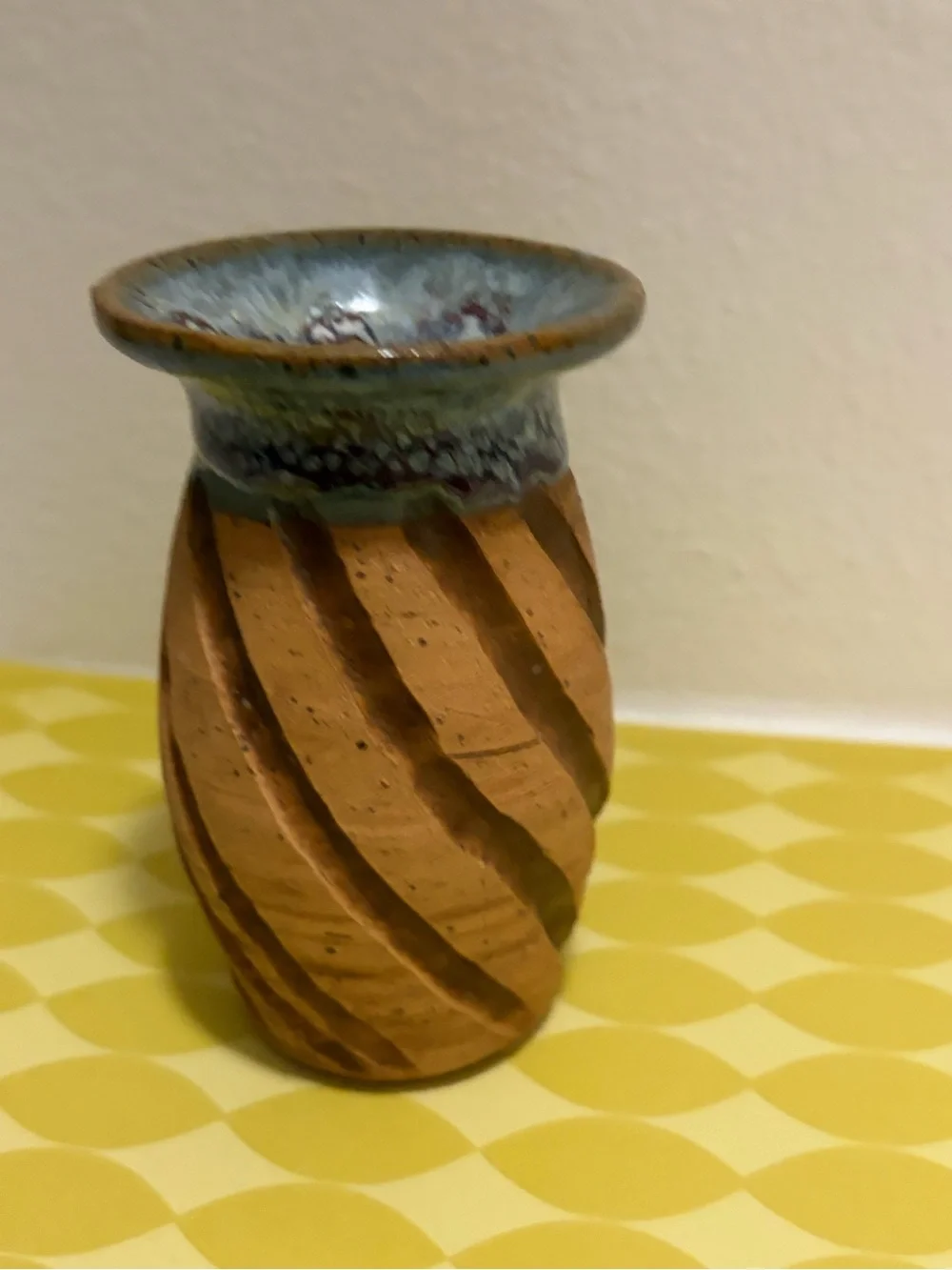 Handcrafted Studio 4.5” Pottery Bud Vase Carved Spiral Pattern Drip Glaze Rim